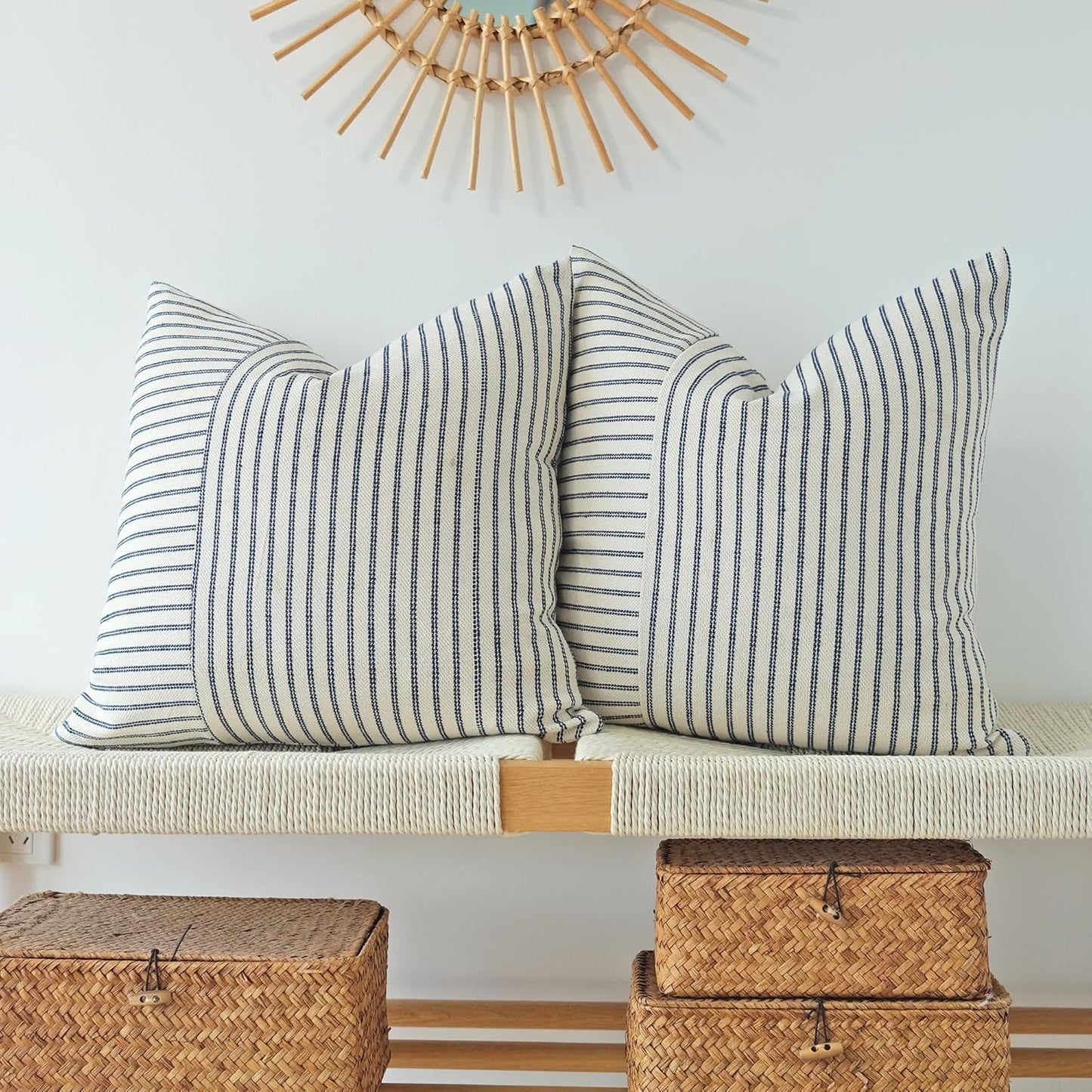 Navy Blue and Beige Patchwork Farmhouse Pillow Covers 20X20 Inch, Pack of 2 Striped Linen Decorative Modern Accent Pillow Cases for Sofa Couch Bedroom 20 X 20