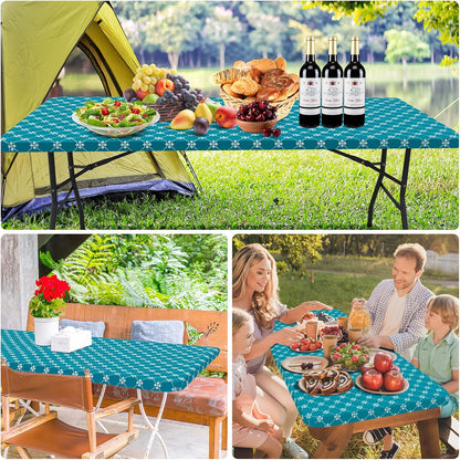 Rectangle Vinyl Table Cloth, Elastic Fitted Tablecloth with Flannel Backing, Waterproof Plastic Table Cover Fits 6 Foot Folding Tables for Camping, Indoor and Outdoor (Teal, 30" X 72")