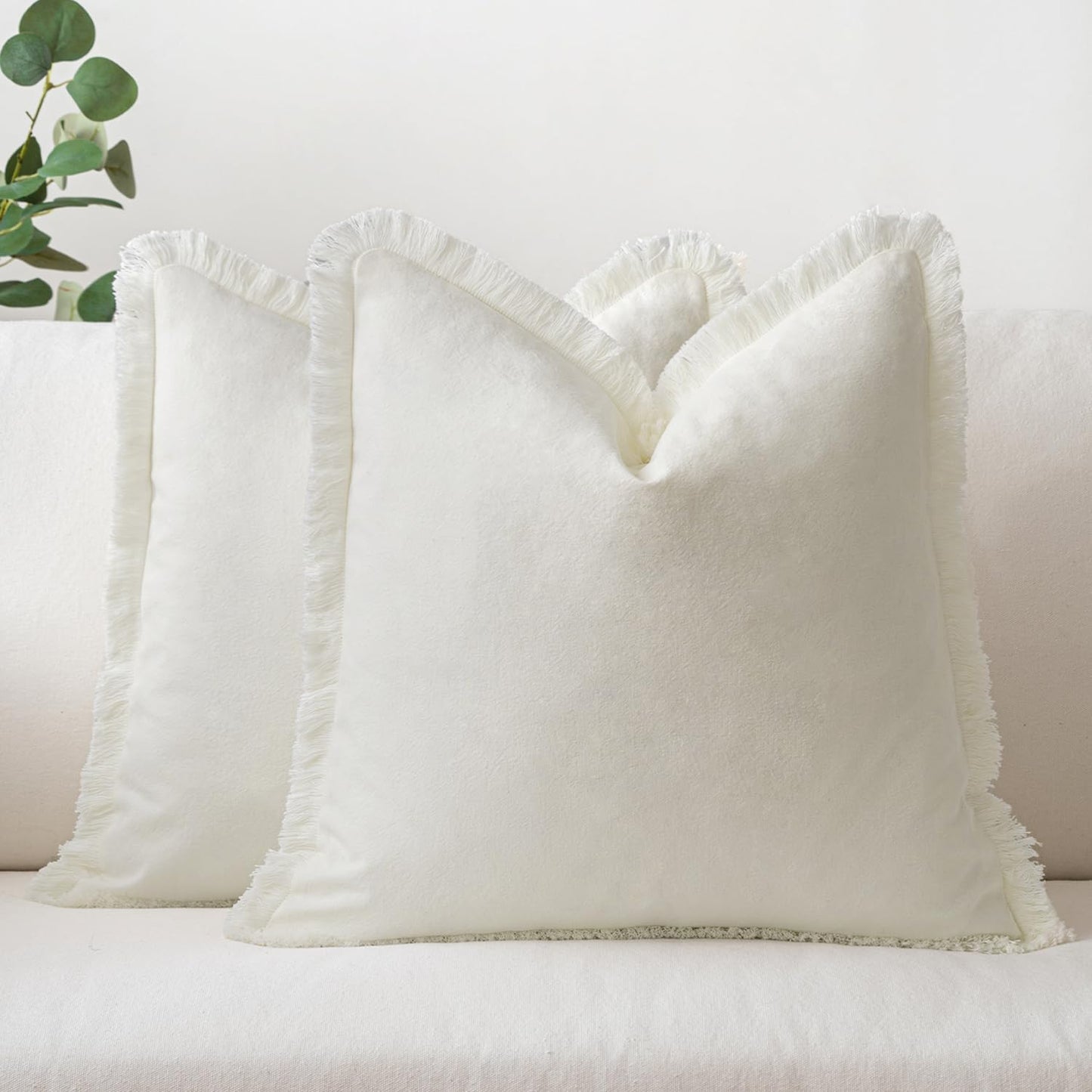 Throw Pillow Covers Boho Farmhouse 18X18 Set of 2 Decorative Cream White Couch with Fringe Chic Cotton Pillowcases Home Decor Accents for Spring Cushion Soft Bed Living Room
