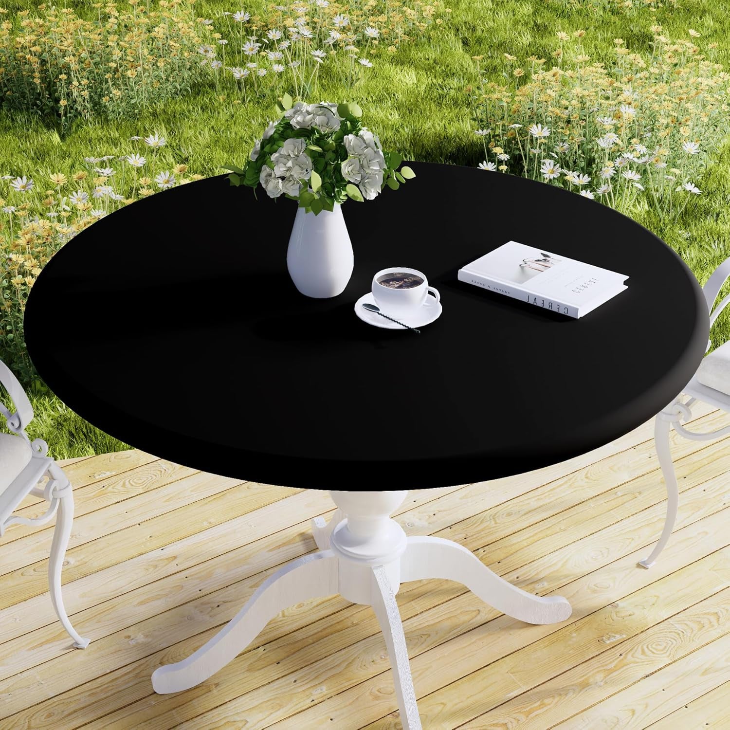 round Fabric Fitted Tablecloth, Elastic Waterproof Oil Proof Table Cloth, Washable Polyester Table Cover Fits 36"-44" round Tables for Outdoor Picnic Dinner, Black
