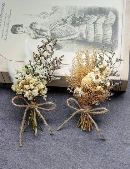 Miniature Dried Flower Bouquet Set (12 Pcs), Small Bouquets, Gift Bags of Dried Flowers, Bridesmaids Flower Girl Proposal Gift Boxes, Groomsmen Boutonnieres, Shooting Props (Brown)