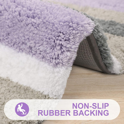 Microfiber Striped Bathroom Rugs Bath Mat, Extra Thick, Soft and Shaggy, Absorbent, Machine Washable, Bath Rugs for Bathroom, Tub and Shower, 24X16 Inches, Purple-Grey