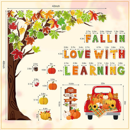 89Pcs Fall in Love with Learning Bulletin Board Decorations Set Fall Tree Pumpkin Maple Leaves Cutouts with Glue Points for Thanksgiving Autumn Home School Classroom Wall Chalkboard Decor