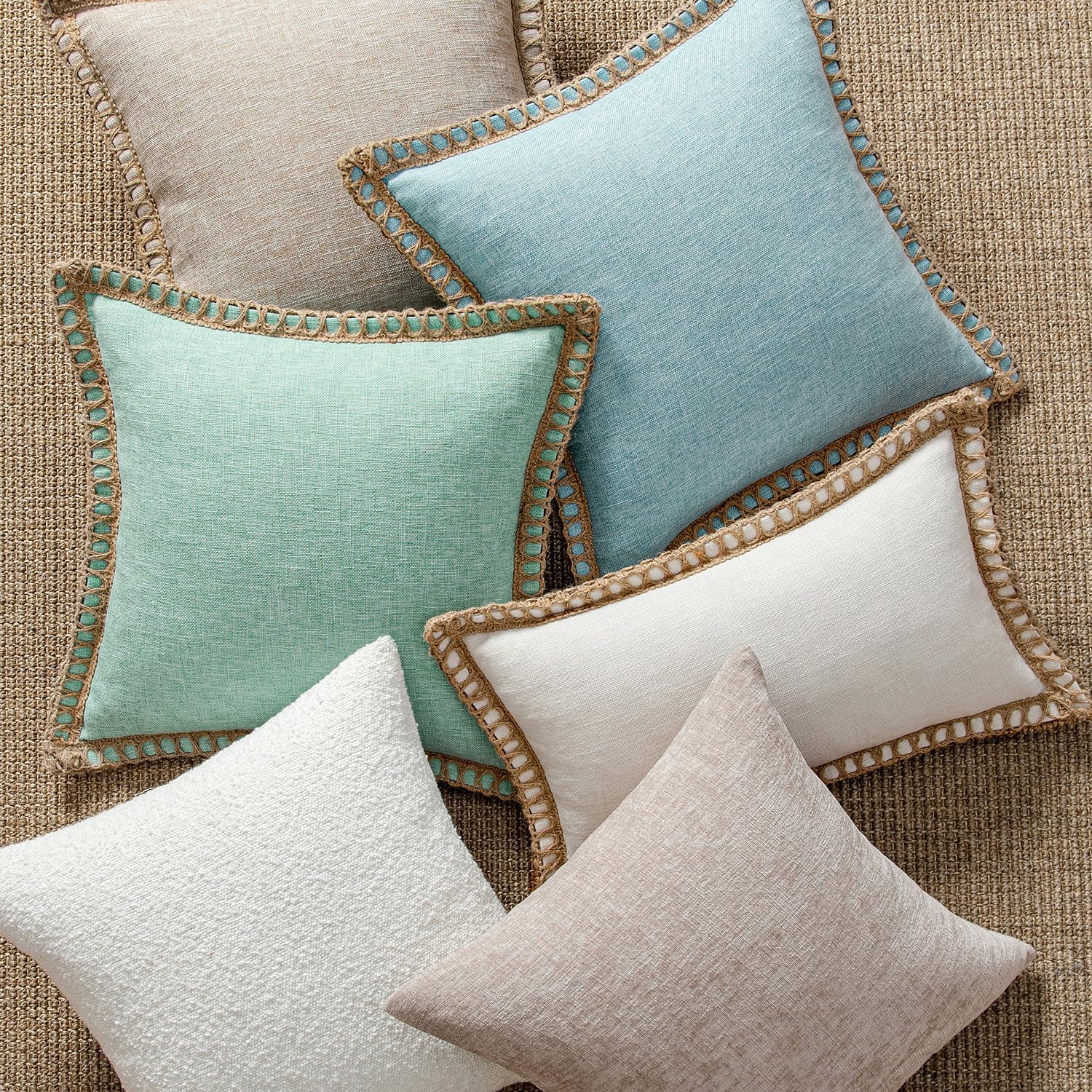 Pack of 2 Decorative Throw Pillow Covers Modern Farmhouse Outdoor Summer Pillow Covers Neutral Linen Burlap Pillowcases Cushions for Couch Bed Living Room Sofa, Light Blue 18 X 18 Inches