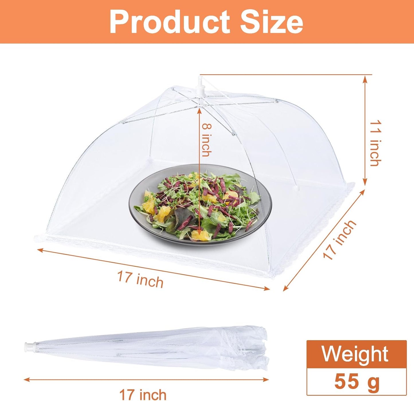 6 Pack Mesh Food Covers,17"Lx17"W Large Food Cover,White Nylon Covers,Pop-Up Serving Dish Covers Tent Umbrella,For Patio Net for Outdoor Camping, Picnics, Parties,Bbq,Collapsible and Reusable