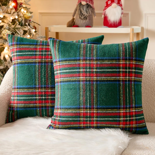 Christmas Plaid Decorative Throw Pillow Covers Set of 2 Scottish Tartan Vintage Farmhouse Winter Cuhion Case Pillow Covers for Couch Livingroom Sofa Bed Porch Home Decor 18X18Inch Green
