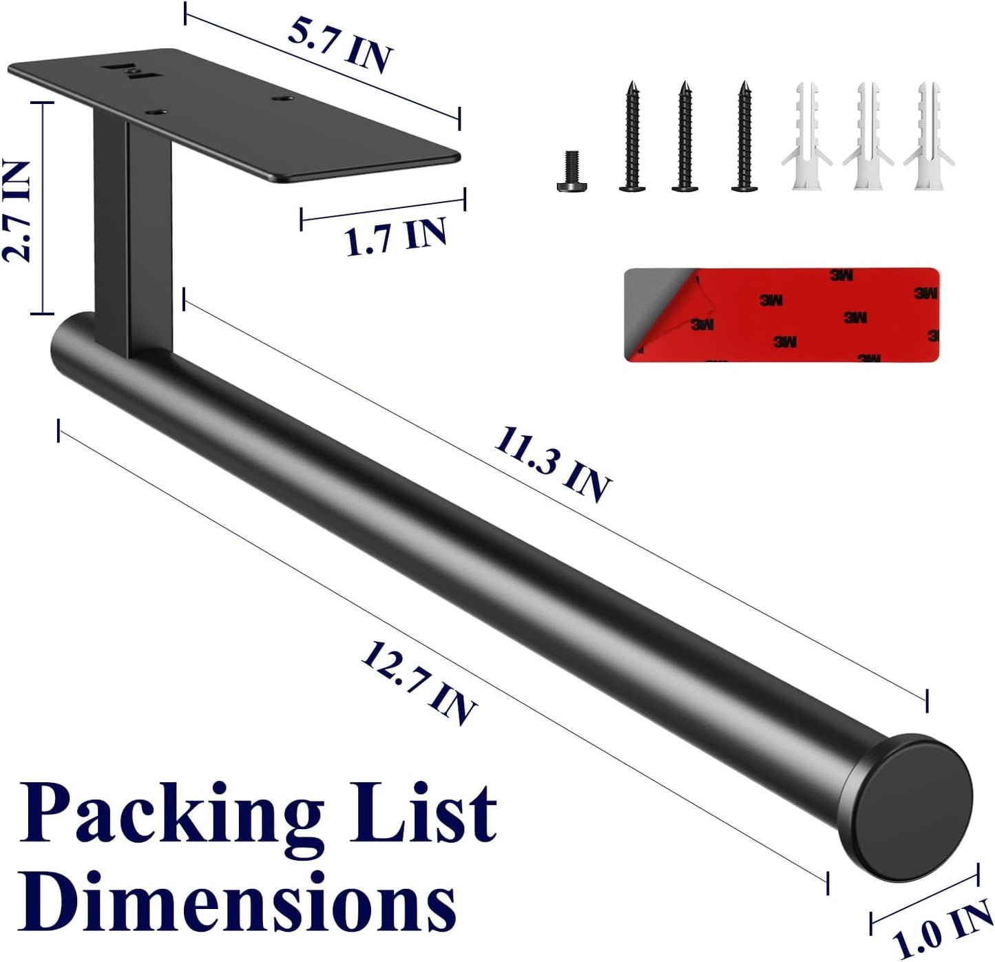Paper Towel Holder under Cabinet - Sturdy 304 Stainless Steel Kitchen Paper Towel Holder Wall Mount, Drilling or Self Adhesive for Kitchen, Bathroom, Living Room, Black, 12.7" X 3.9"