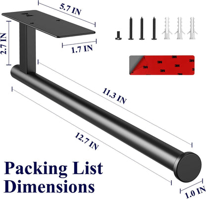 Paper Towel Holder under Cabinet - Sturdy 304 Stainless Steel Kitchen Paper Towel Holder Wall Mount, Drilling or Self Adhesive for Kitchen, Bathroom, Living Room, Black, 12.7" X 3.9"