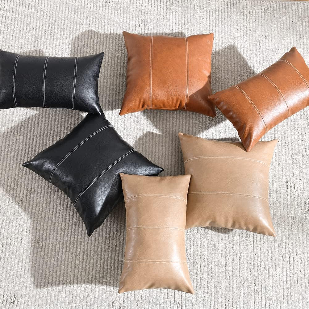 2 Packs Boho Brown Waterproof Faux Leather Decorative Throw Pillow Covers 18X18 Inch for Outdoor Couch Bed Sofa, Hand Stitched Accent Square Cushion Case, Rustic Modern Farmhouse Home Decor