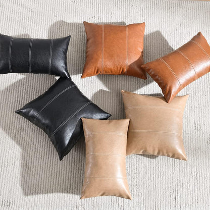 2 Packs Boho Brown Waterproof Faux Leather Decorative Throw Pillow Covers 18X18 Inch for Outdoor Couch Bed Sofa, Hand Stitched Accent Square Cushion Case, Rustic Modern Farmhouse Home Decor