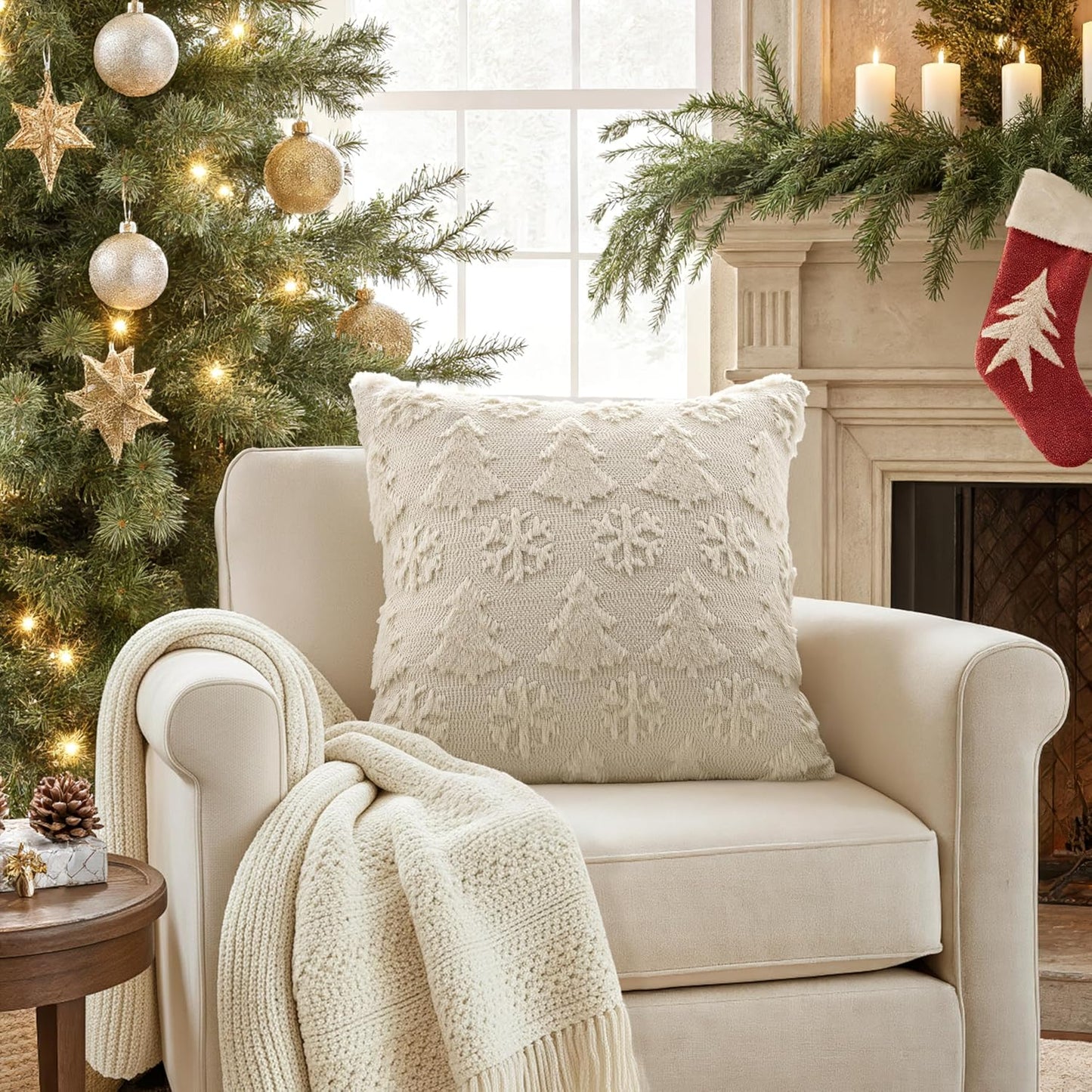 Christmas Throw Pillow Covers 18X18 Set of 2 Christmas Decorations Beige Soft Plush Faux Fur Wool Xmas Tree Snowflakes Pillowcases Holiday Festivals Winter Home Decor Sofa Couch Bed Porch