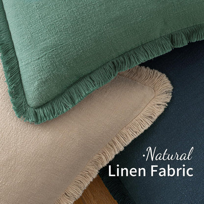 Decorative Throw Pillow Covers Neutral Linen Fringe Throw Pillows Set of 2 Navy Blue Boho Farmhouse Cushion Covers with Tassels for Couch Sofa Bed Living Room Spring Home Decor 18X18 Inch