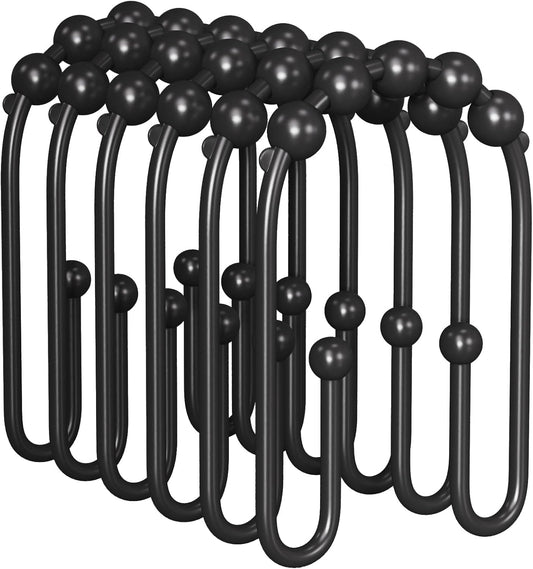 Shower Curtain Hooks, Black Rust Proof Non-Slip Double Hooks for Shower Curtain, Sturdy Metal Rings Bathroom 12Pcs