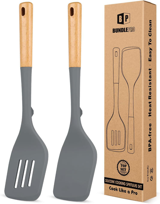 Pack of 2 Large Silicone Spatula, Heat Resistant Solid Turner, Non Stick Slotted Spatulas with Wooden Handle, Ideal Kitchen Utensils for Flipping, Pancakes, Eggs, Fish(Gray)