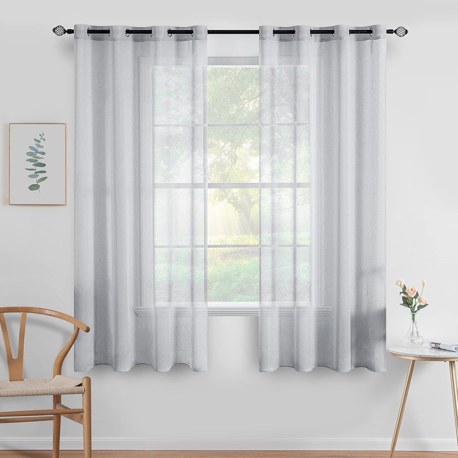 2 Panels Grey Semi Sheer Window Curtains Elegant Grommet Top Window Voile Drapes/Treatment Linen Textured Panels for Bedroom Living Room (54X54 Inches)