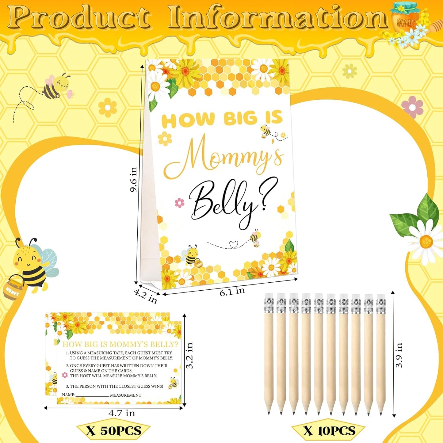 Guess Baby Shower Games Set – How Big Is Mommy'S Belly Sign, 64 Pcs Measure Bump Game with 50 Guessing Cards, 10 Pencils, and 3 Measuring Tapes for Baby Shower Gender Reveal Party (Bee Theme)