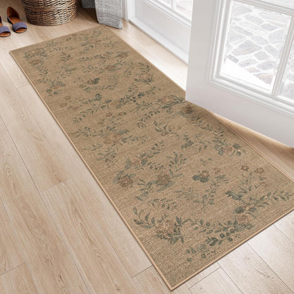 Floral Easy Jute Kitchen Runner Rug, 2X6 Carpet for Hallway 6Ft Non Slip Outdoor Mat for Entryway, Neutral Indoor Outdoor Runner Rugs Washable Carpet for Hallways