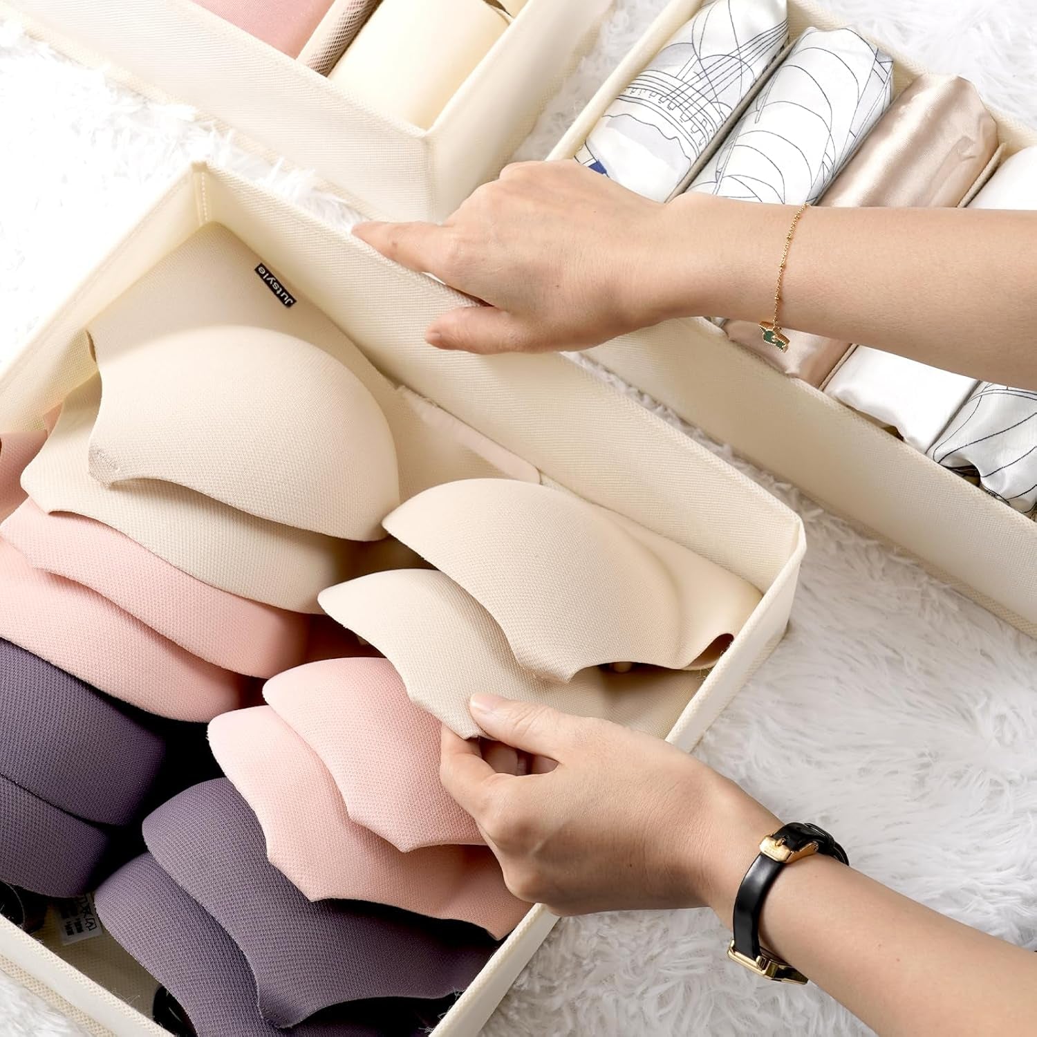 Underwear Sock Drawer Organizer Dividers 8 Set, Foldable Dresser Closet Organizers and Storage Bins for Baby Clothing, Sock, Underwear, Bra, Ties, Scarf (Beige)