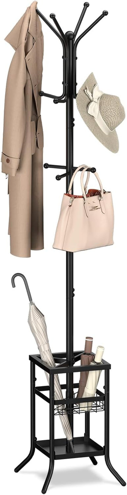 Coat Rack Freestanding, Coat Tree with Umbrella Holder, Metal Coat Rack Stand with 12 Hooks, Modern Coat Hanger Stand for Entryway, Purse Rack Hat Rack Stand for Living Room Bedroom Office