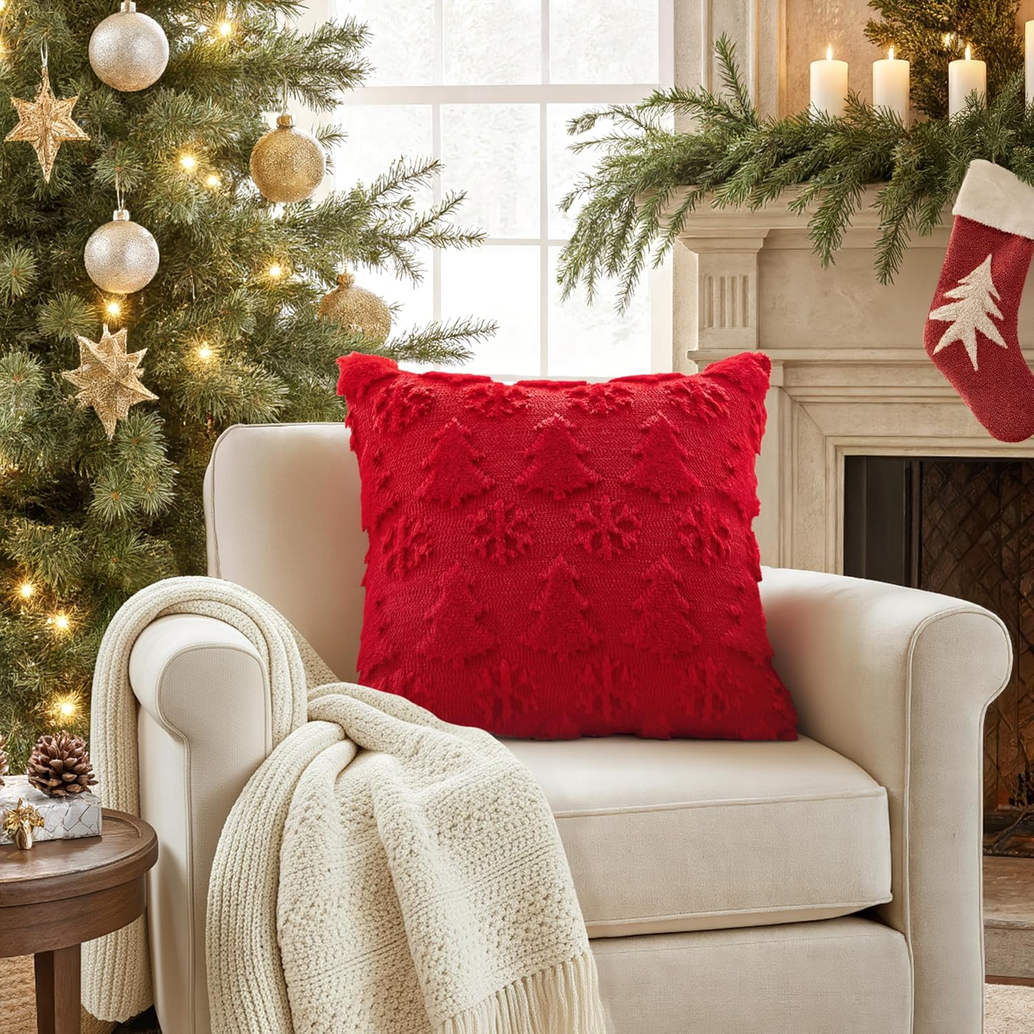 Christmas Throw Pillow Covers 18X18 Set of 2 Christmas Decorations Red Soft Plush Faux Fur Wool Xmas Tree Snowflakes Pillowcases Holiday Festivals Winter Home Decor Sofa Couch Bed Porch