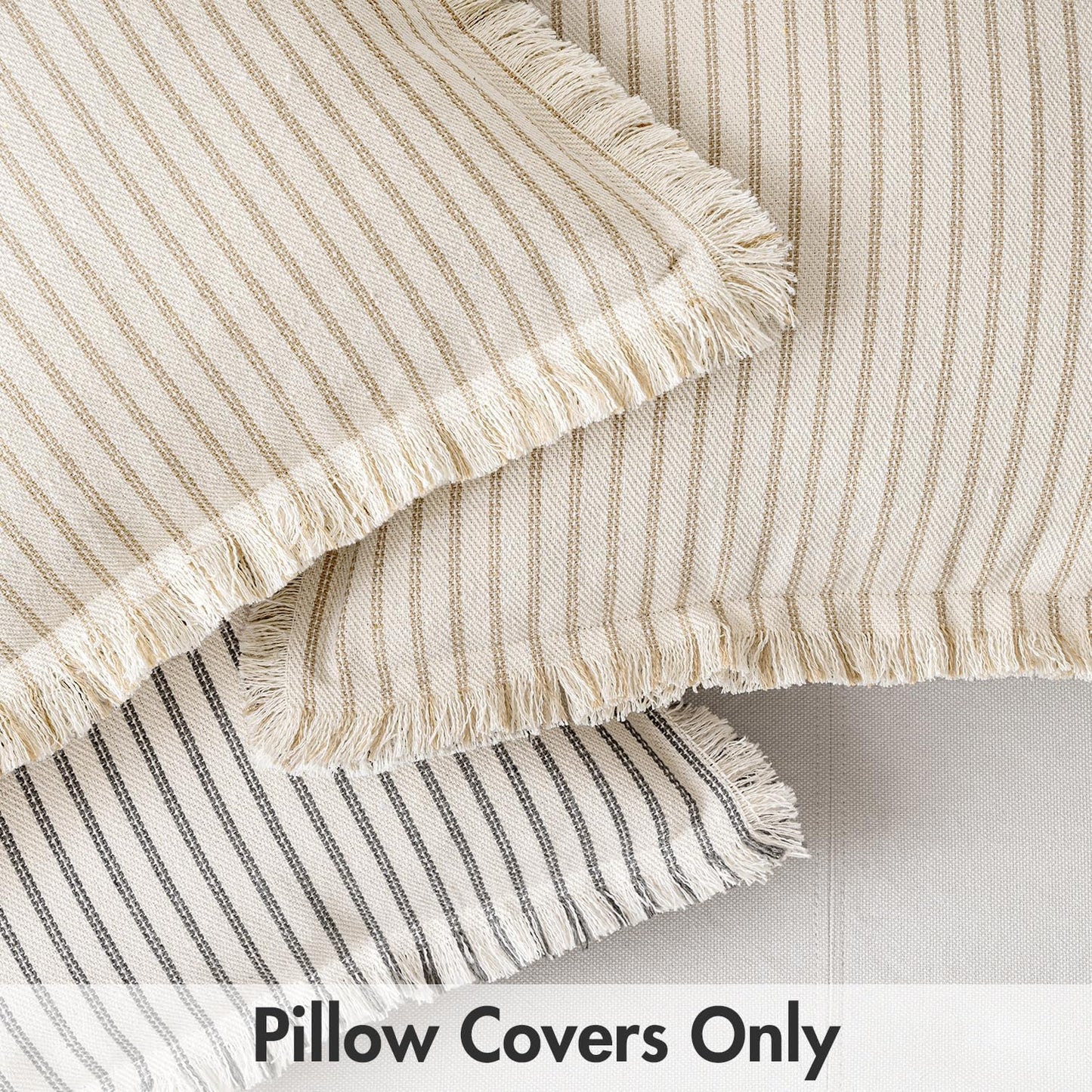 Pack of 2 Khaki Pillow Covers 20X20 Inch Striped Farmhouse Couch Throw Pillow Covers with Fringe Chic Linen Decorative Cushion Covers for Sofa Living Room Bed Outdoor Home Decor