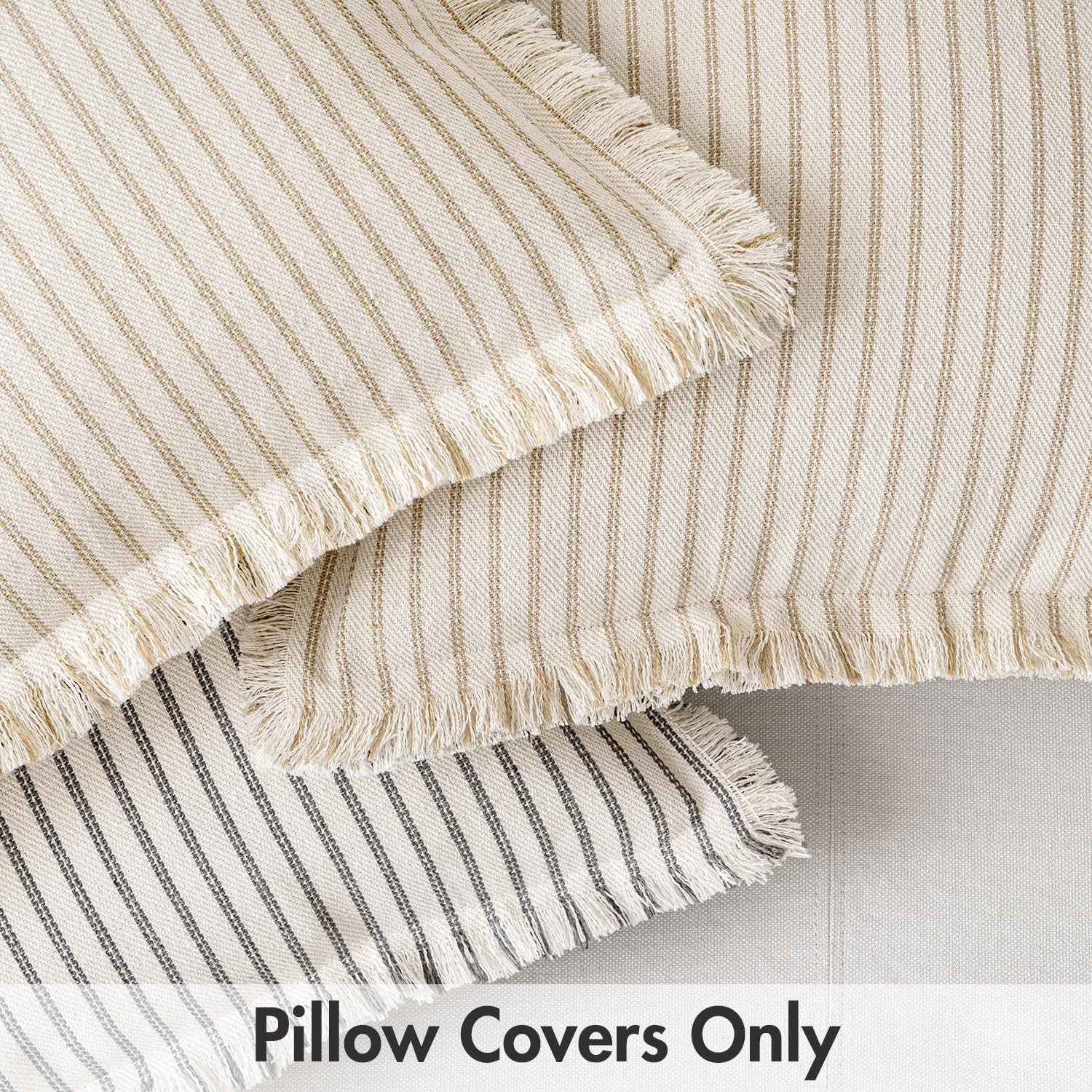 Pack of 2 Khaki Pillow Covers 20X20 Inch Striped Farmhouse Couch Throw Pillow Covers with Fringe Chic Linen Decorative Cushion Covers for Sofa Living Room Bed Outdoor Home Decor