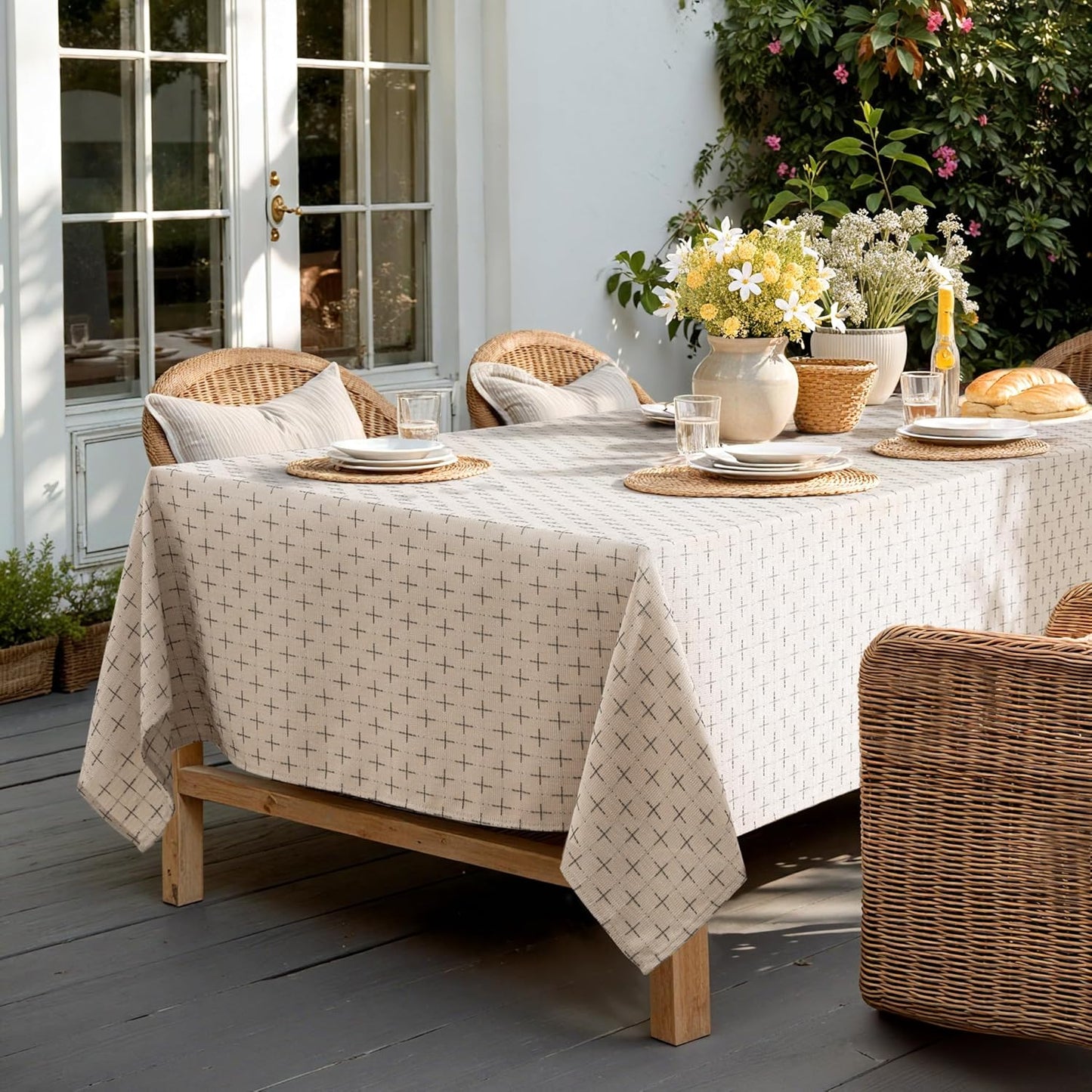 Natural Beige Linen Table Cloth Rectangle Tablecloth Waterproof Spillproof Cross-Star Textured Table Cloth, Decorative Rustic Farmhouse Style for Dining/Party/Buffet/Wedding,52X70 Inch