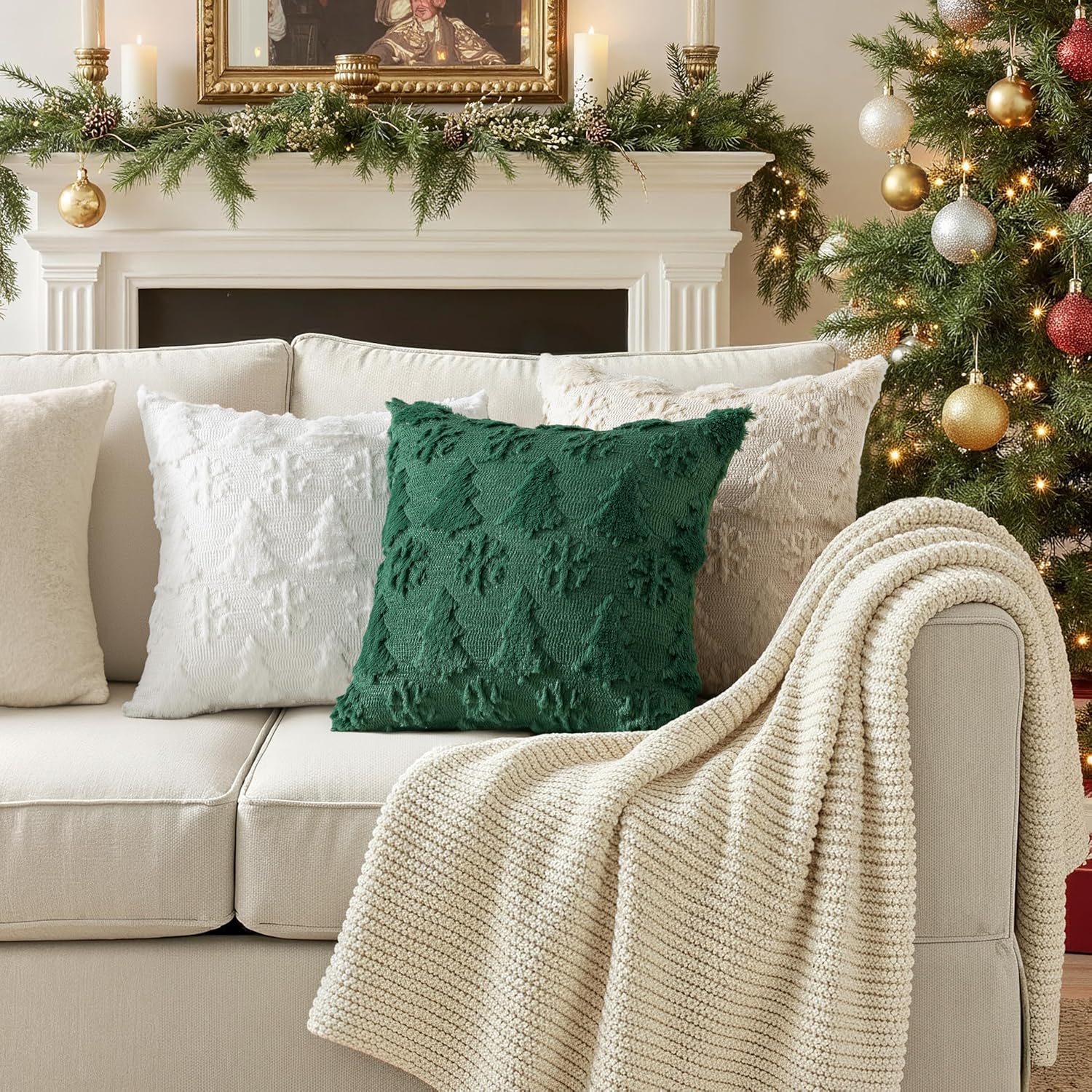Christmas Throw Pillow Covers 18X18 Set of 2 Christmas Decorations Dark Green Soft Plush Faux Fur Wool Xmas Tree Snowflakes Pillowcases Holiday Festivals Winter Home Decor Sofa Couch Bed Porch