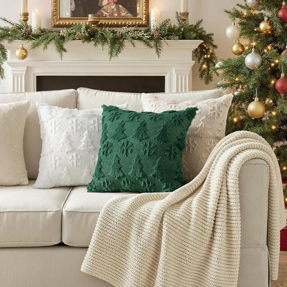 Christmas Throw Pillow Covers 18X18 Set of 2 Christmas Decorations Dark Green Soft Plush Faux Fur Wool Xmas Tree Snowflakes Pillowcases Holiday Festivals Winter Home Decor Sofa Couch Bed Porch