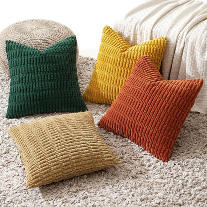 Pack of 4 Boho Farmhouse Yellow and Orange Corduroy Decorative Throw Pillow Covers 18X18 Inch Modern Retro Soft Striped Pillow Covers Home Decor for Sofa Living Room Couch Bed