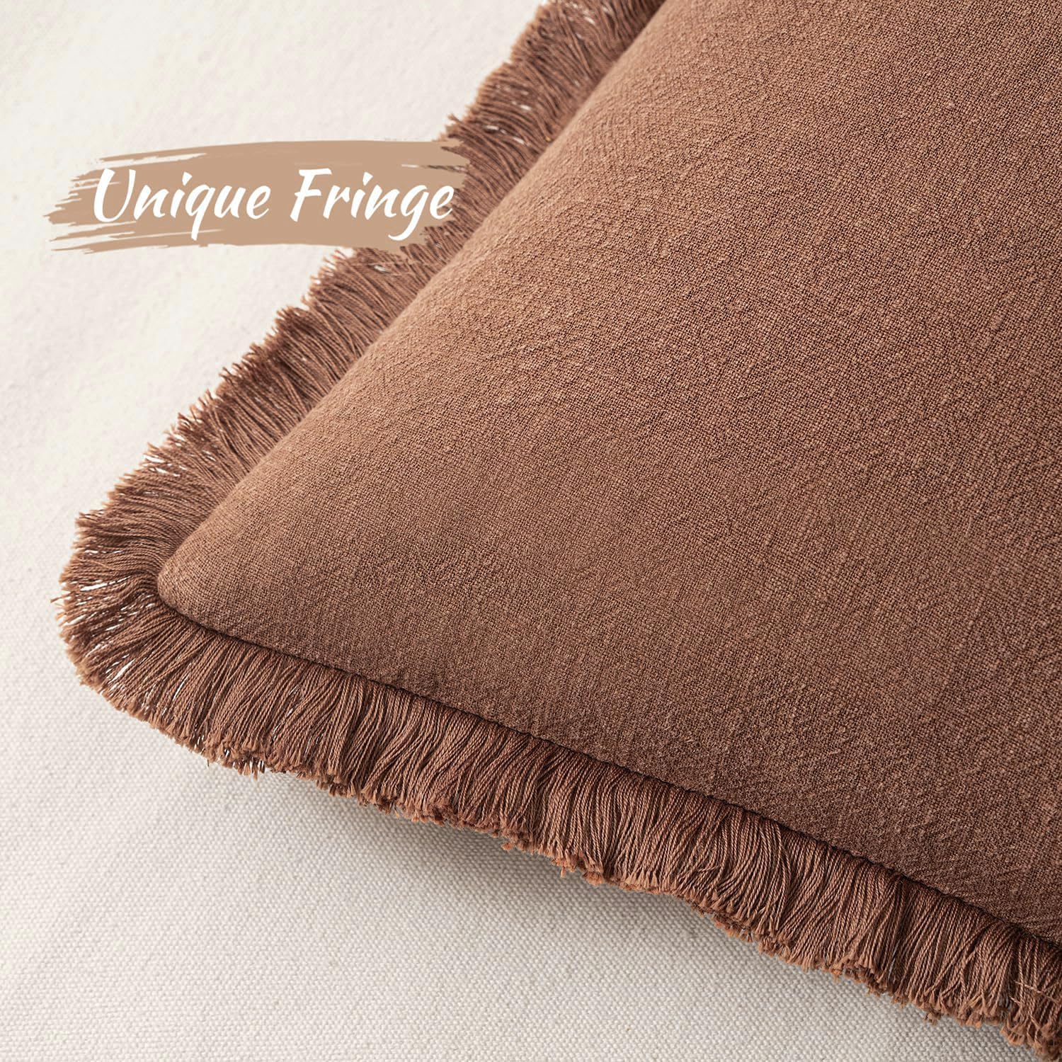 Decorative Throw Pillow Covers Neutral Linen Fringe Throw Pillows Set of 2 Brick Boho Farmhouse Cushion Covers with Tassels for Couch Sofa Bed Living Room Spring Home Decor 18X18 Inch