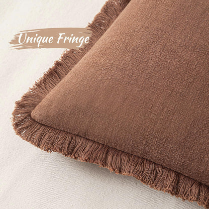 Decorative Throw Pillow Covers Neutral Linen Fringe Throw Pillows Set of 2 Brick Boho Farmhouse Cushion Covers with Tassels for Couch Sofa Bed Living Room Spring Home Decor 18X18 Inch