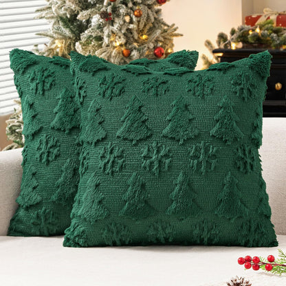 Christmas Throw Pillow Covers 18X18 Set of 2 Christmas Decorations Dark Green Soft Plush Faux Fur Wool Xmas Tree Snowflakes Pillowcases Holiday Festivals Winter Home Decor Sofa Couch Bed Porch