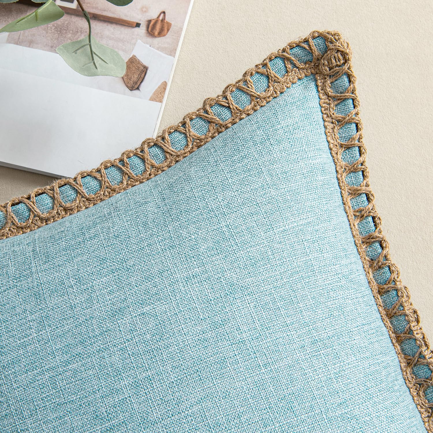 Pack of 2 Decorative Throw Pillow Covers Modern Farmhouse Outdoor Summer Pillow Covers Neutral Linen Burlap Pillowcases Cushions for Couch Bed Living Room Sofa, Light Blue 18 X 18 Inches