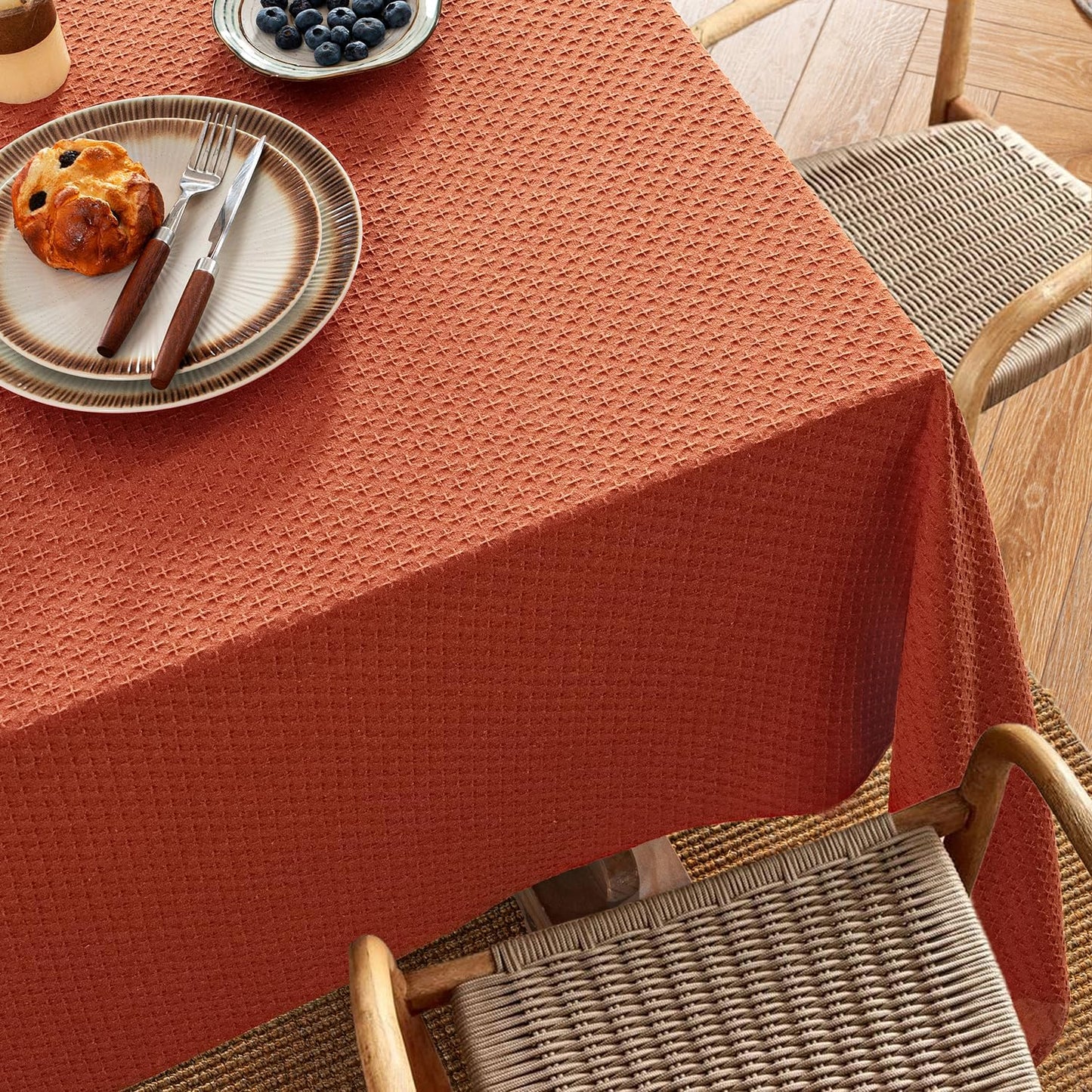 Fall Tablecloth Burnt Orange Linen Cottton Table Cloth Rectangle Waterproof Spillproof Cross-Star Textured Decorative Farmhouse Style for Dining Party Weddings 52X70 Inch