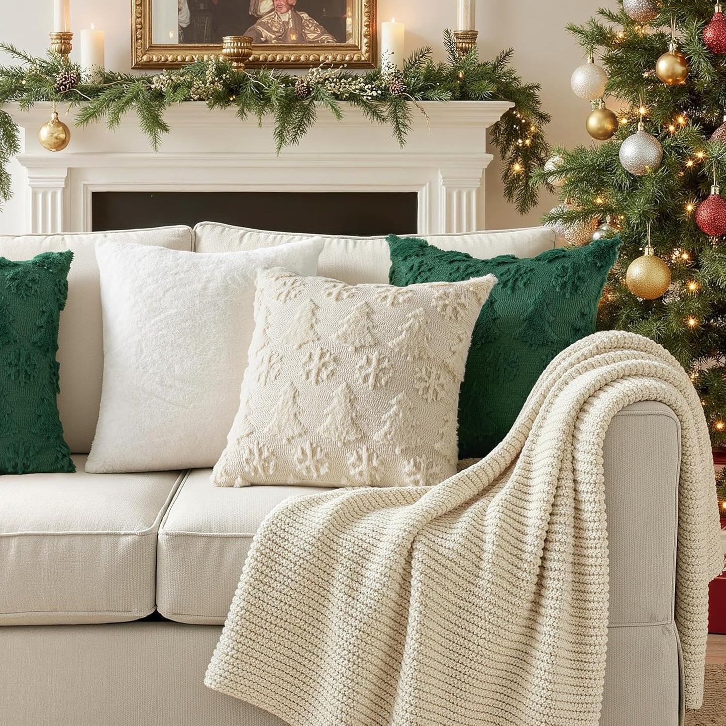 Christmas Throw Pillow Covers 18X18 Set of 2 Christmas Decorations Beige Soft Plush Faux Fur Wool Xmas Tree Snowflakes Pillowcases Holiday Festivals Winter Home Decor Sofa Couch Bed Porch