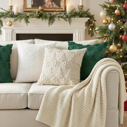 Christmas Throw Pillow Covers 18X18 Set of 2 Christmas Decorations Beige Soft Plush Faux Fur Wool Xmas Tree Snowflakes Pillowcases Holiday Festivals Winter Home Decor Sofa Couch Bed Porch