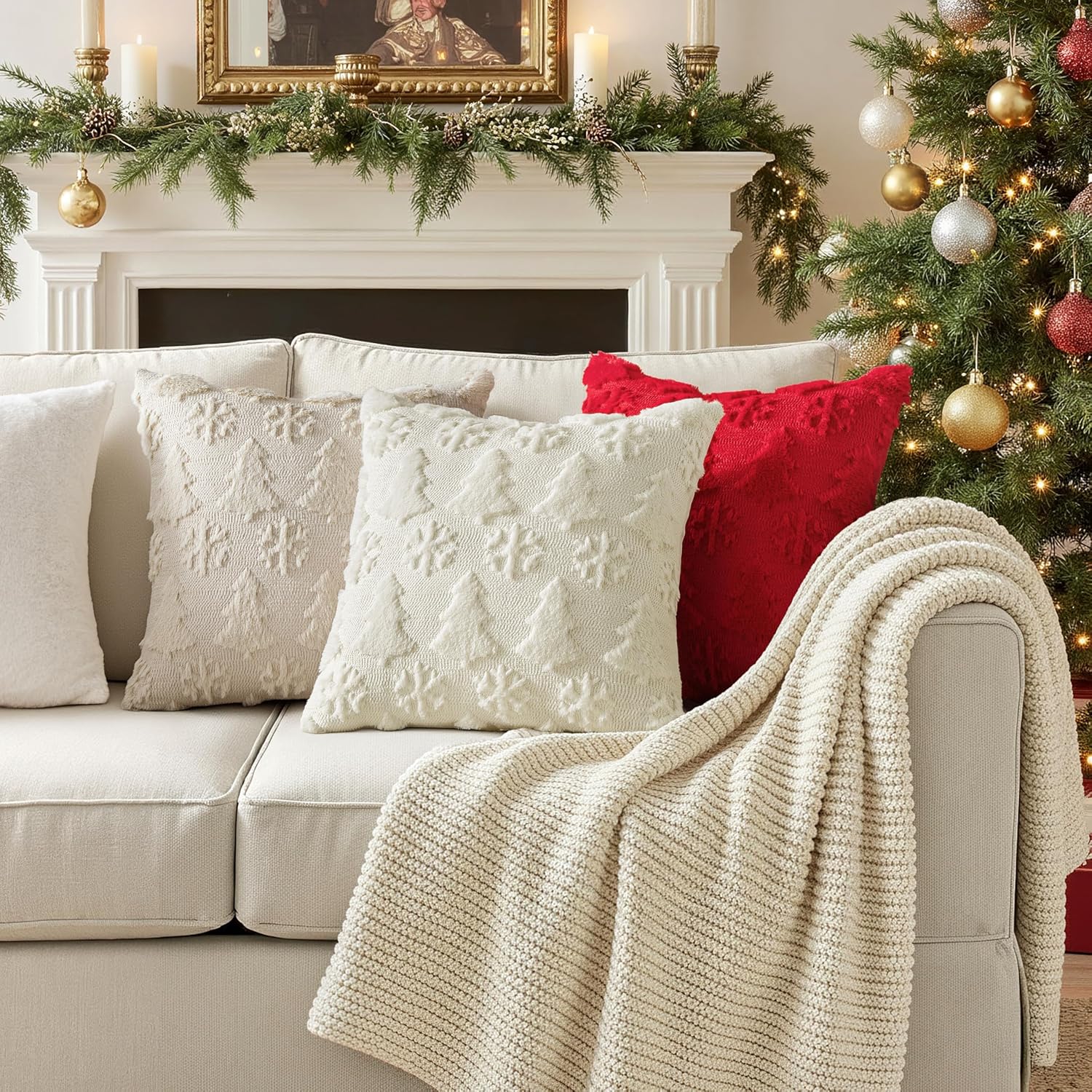 Christmas Throw Pillow Covers 18X18 Set of 2 Christmas Decorations Cream White Soft Plush Faux Fur Wool Xmas Tree Snowflakes Pillowcases Holiday Festivals Winter Home Decor Sofa Couch Bed Porch