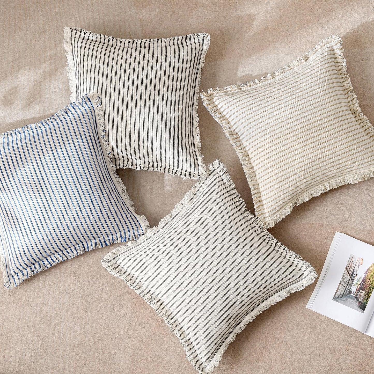 Pack of 2 Khaki Pillow Covers 20X20 Inch Striped Farmhouse Couch Throw Pillow Covers with Fringe Chic Linen Decorative Cushion Covers for Sofa Living Room Bed Outdoor Home Decor