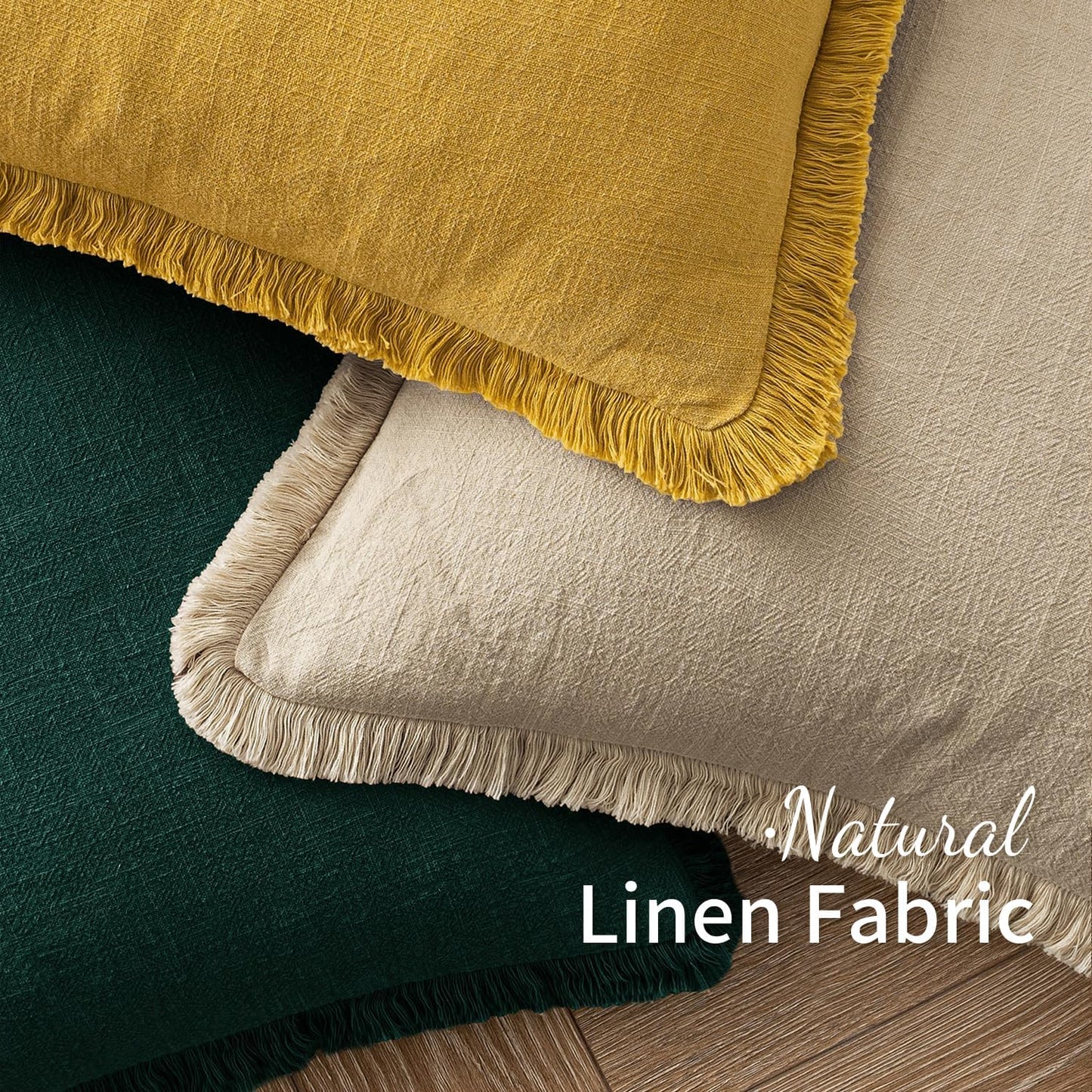 Decorative Throw Pillow Covers Neutral Linen Fringe Throw Pillows Set of 2 Beige Boho Farmhouse Cushion Covers with Tassels for Couch Sofa Bed Living Room Spring Home Decor 18X18 Inch