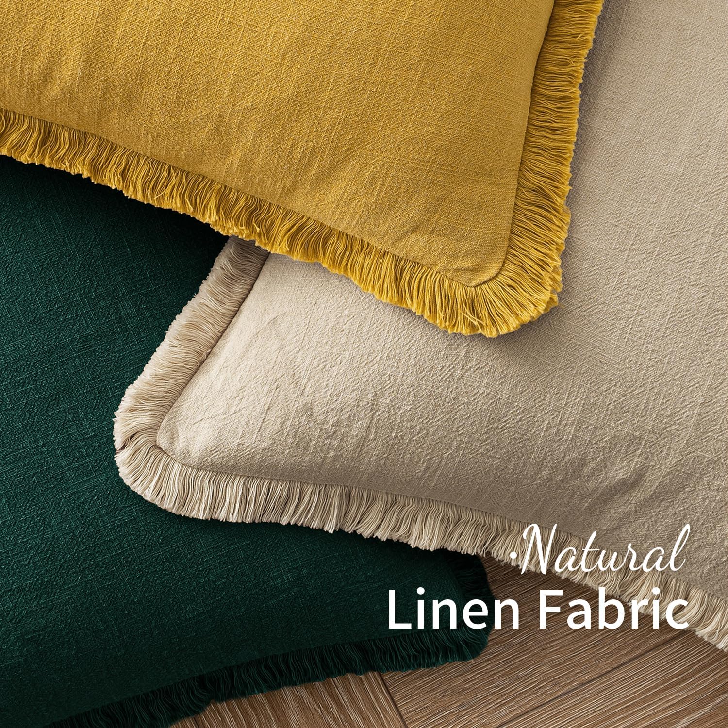 Decorative Throw Pillow Covers Neutral Linen Fringe Throw Pillows Set of 2 Beige Boho Farmhouse Cushion Covers with Tassels for Couch Sofa Bed Living Room Spring Home Decor 18X18 Inch