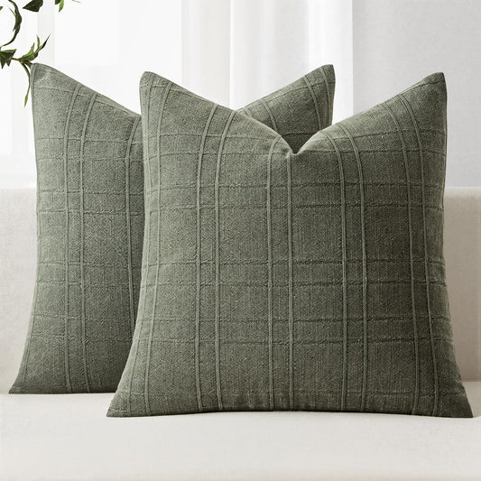 Decorative Linen Check Throw Pillow Covers Neutral Farmhouse Vintage Pillow Covers 18X18 Inch Set of 2 Boho Modern Home Decor for Sofa Couch Bedroom Cushion Chair Olive Green