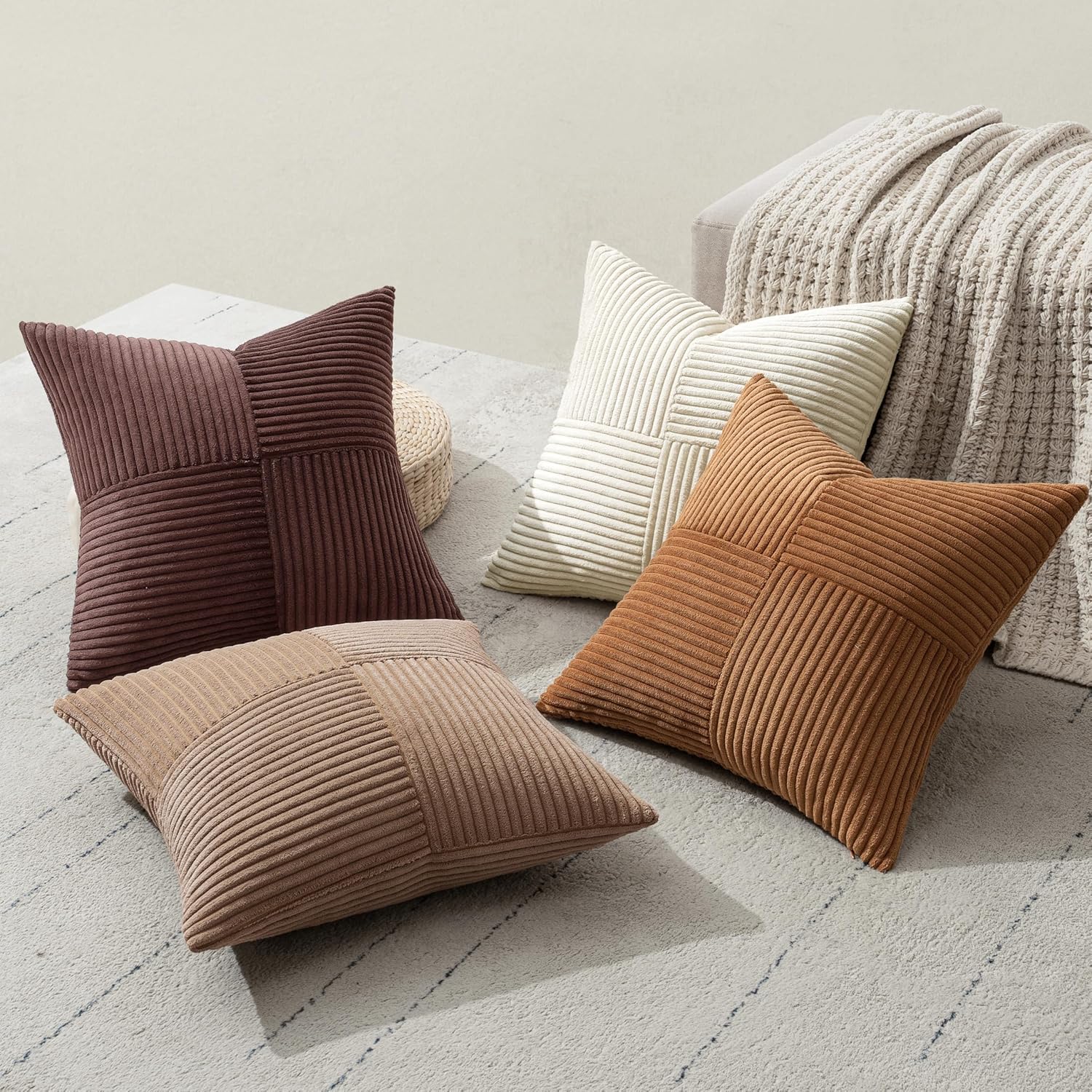 Brown Throw Pillow Covers 18X18 Inch Set of 4 Boho Farmhouse Cushion Cases Neutral Gradient Corduroy Pillow Cases with Invisible Zipper Patchwork Home Decor for Couch Sofa Bed