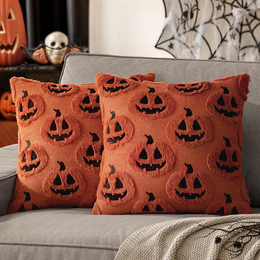Fall Halloween Throw Pillow Covers 18X18 Decorative Pumpkin Pattern Pillowcases Soft Plush Faux Wool Cushions for Home Patio Sofa Couch,Dark Rust