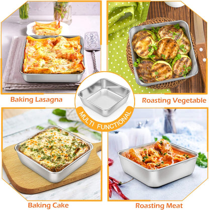 Square Baking Cake Pans, Small Stainless Steel Lasagna Brownie Pan for Birthday Cake Bread Pie, Non-Toxic & Durable, Smooth Rim & Leakproof, Oven & Dishwasher Safe, 6 Inch & 4 Pcs