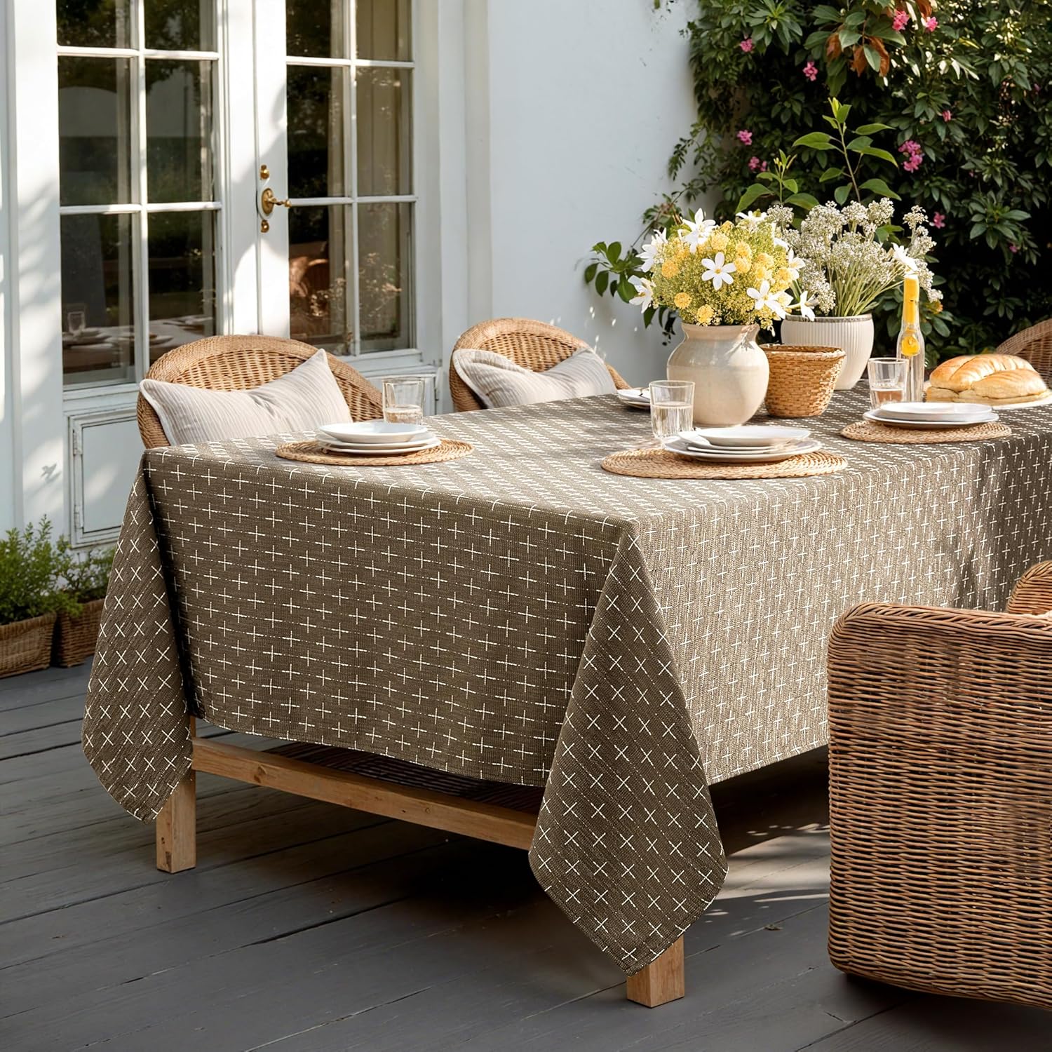Taupe Linen Table Cloth Rectangle Tablecloth Waterproof Spillproof Cross-Star Textured Table Cloth, Decorative Rustic Farmhouse Style for Dining/Party/Buffet/Wedding,52X70 Inch