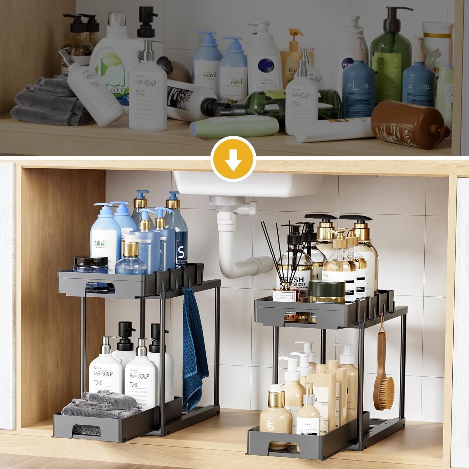 under Sink Organizers and Storage, 2 Pack Pull Out Kitchen Bathroom Cabinet Organizer, 2 Tier Black under Sink Storage for Bathroom Kitchen, under Counter Storage Organizer with 8 Hooks