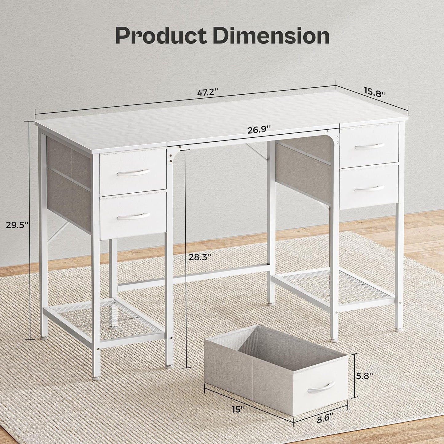 47-Inch White Desk with Four Drawers and Mesh Shelf, Versatile Study and Computer Table for Home Office and Bedroom