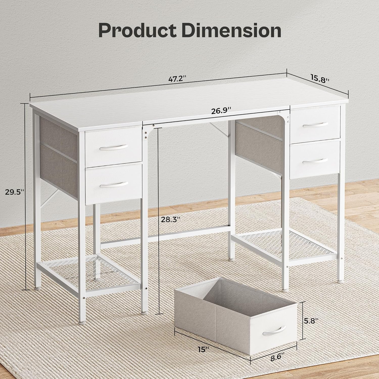 47-Inch White Desk with Four Drawers and Mesh Shelf, Versatile Study and Computer Table for Home Office and Bedroom