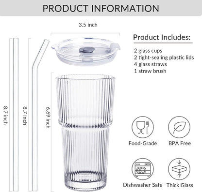 2 Pack 20Oz Glass Cups with Lids and Straws, Vintage Ribbed Glassware for Whiskey Cocktail Beer, Mason Jar Drinking Glasses Tumbler Iced Coffee Cup